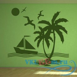 Декоративная наклейка корабль с пальмами и чайками