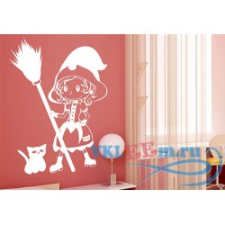 Декоративная наклейка девочка с метлой и котенком 