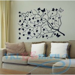 Декоративная наклейка ветка дерева с цветочками и бабочками 