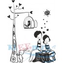 Декоративная наклейка мальчик и девочка сидящие на пне птичка в клетке и зайка